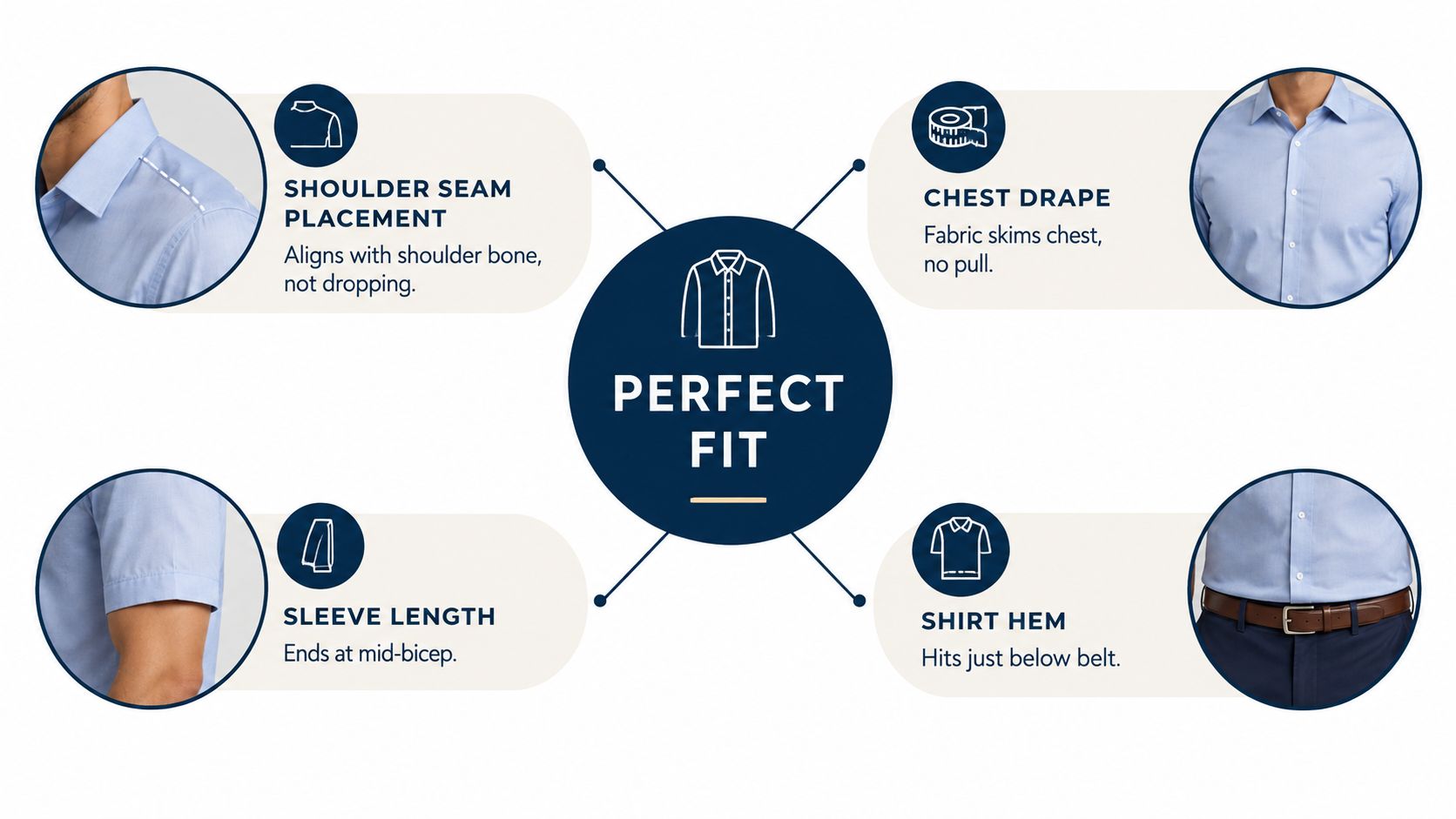 An infographic detailing guidelines for a perfect shirt fit including shoulder, chest, sleeve, and hem length.