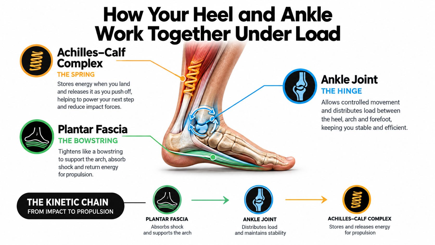 An infographic showing the anatomical structures of the human foot and how they function during movement.