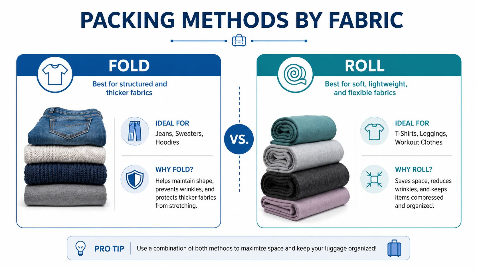A packing guide comparing folding thick clothes versus rolling soft fabrics to save space in luggage.