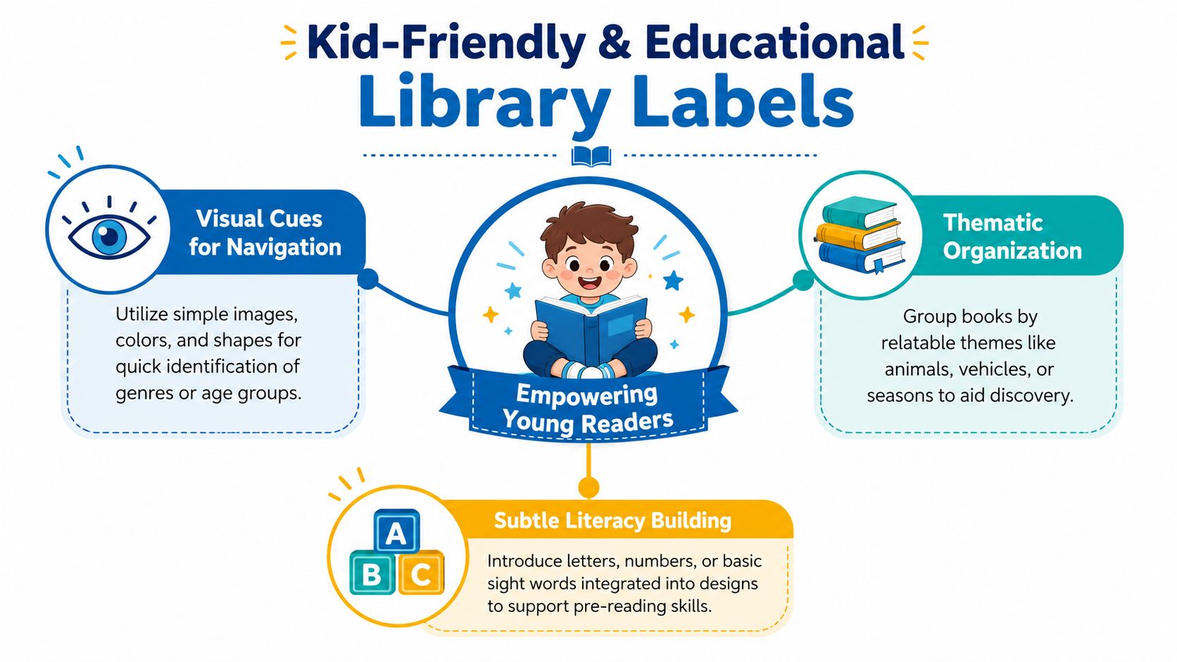 A visual infographic explaining educational library labels for children with tips on navigation, organization, and literacy building.