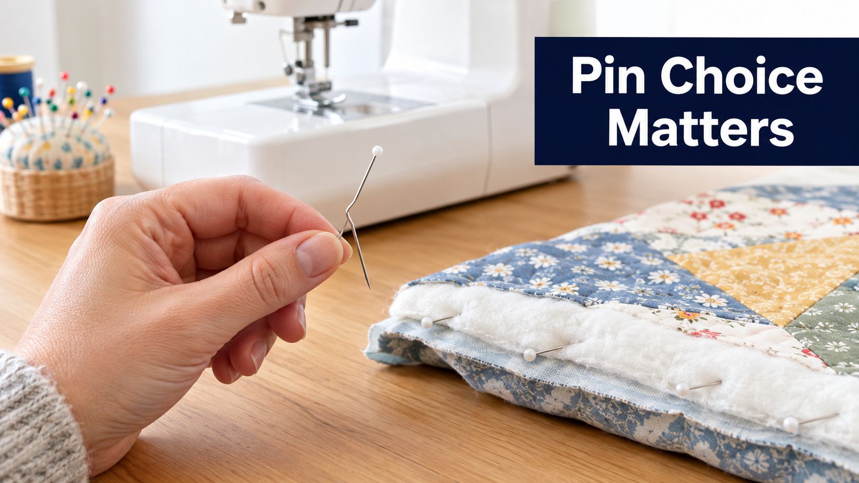 A hand holding a bent sewing pin next to a quilted fabric project and a sewing machine.