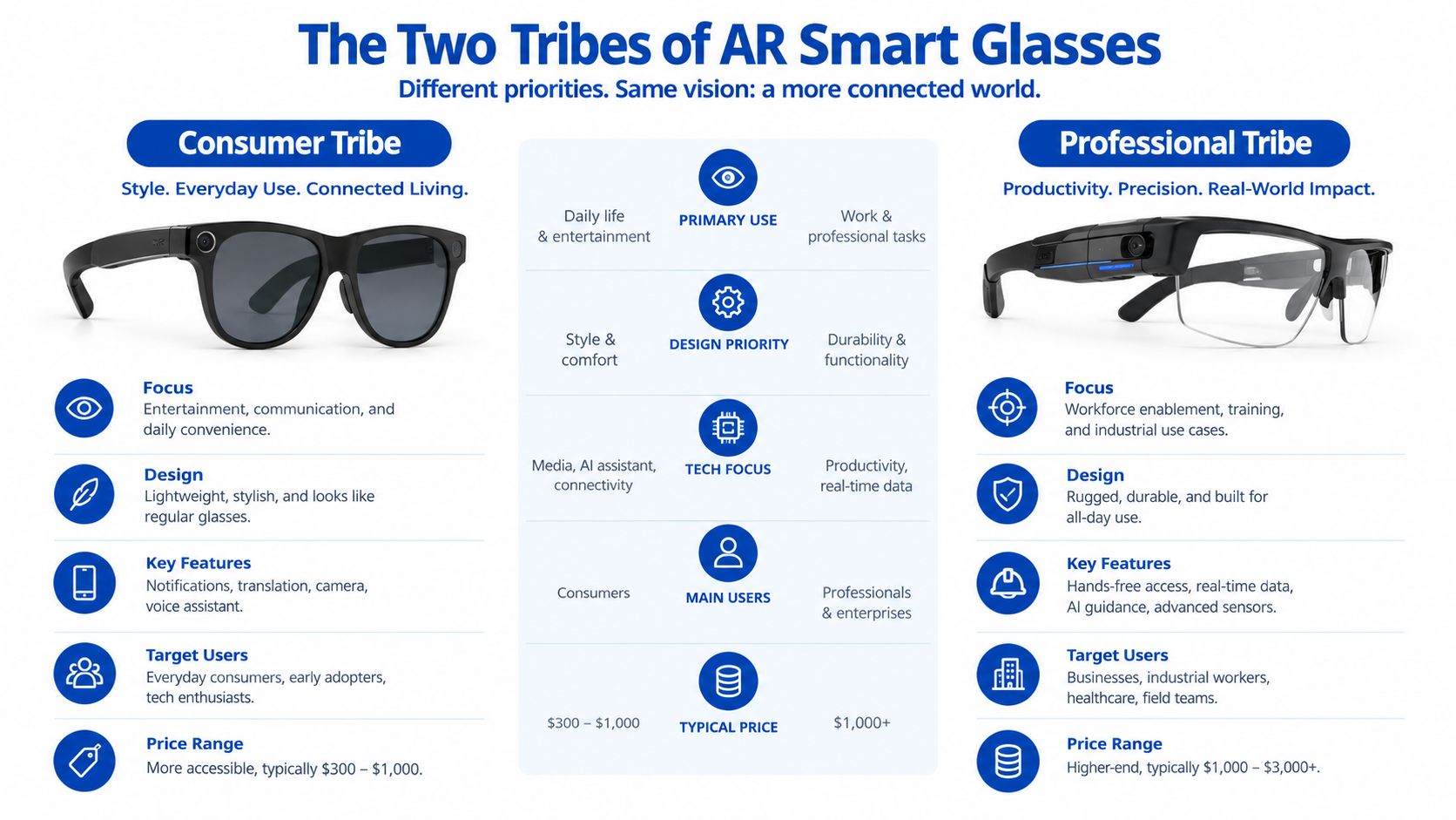 An infographic comparing Consumer and Professional tribes of AR smart glasses, detailing differences in features and users.