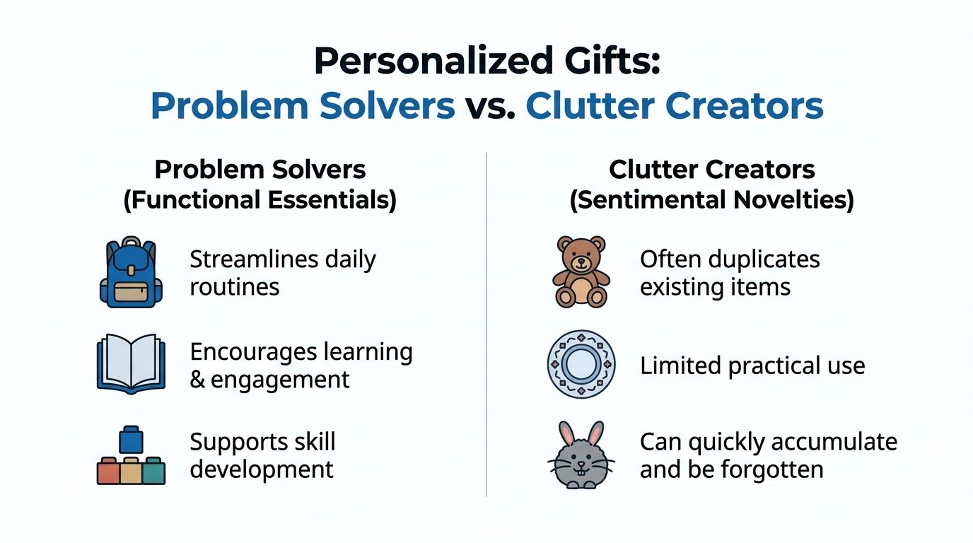 A comparison chart showing personalized gifts as functional problem solvers versus sentimental clutter creating novelty items.