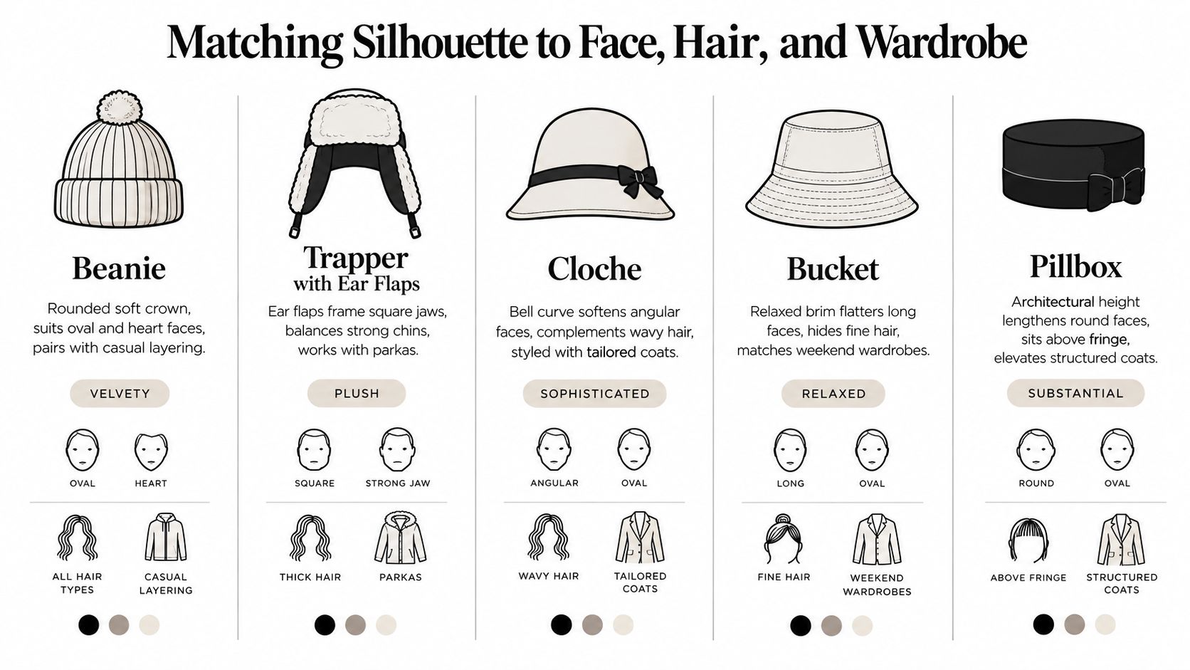 An infographic showing different types of hats matched with suitable face shapes, hair types, and wardrobe styles.