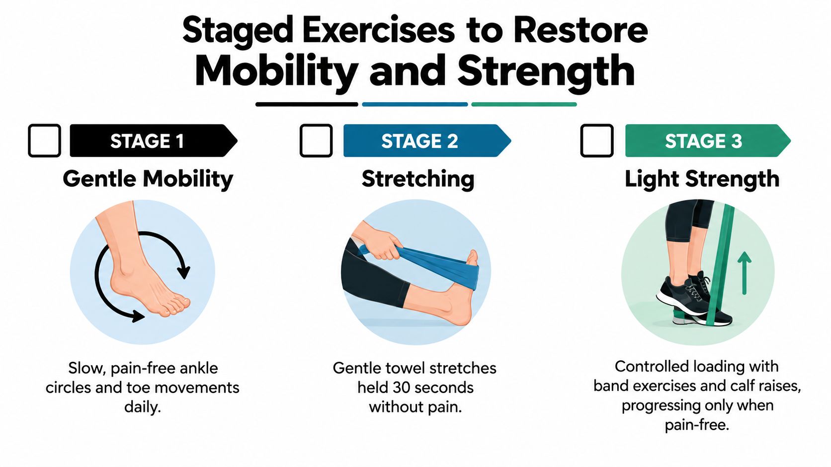 An infographic showing three staged exercises for restoring mobility and strength in an injured foot.