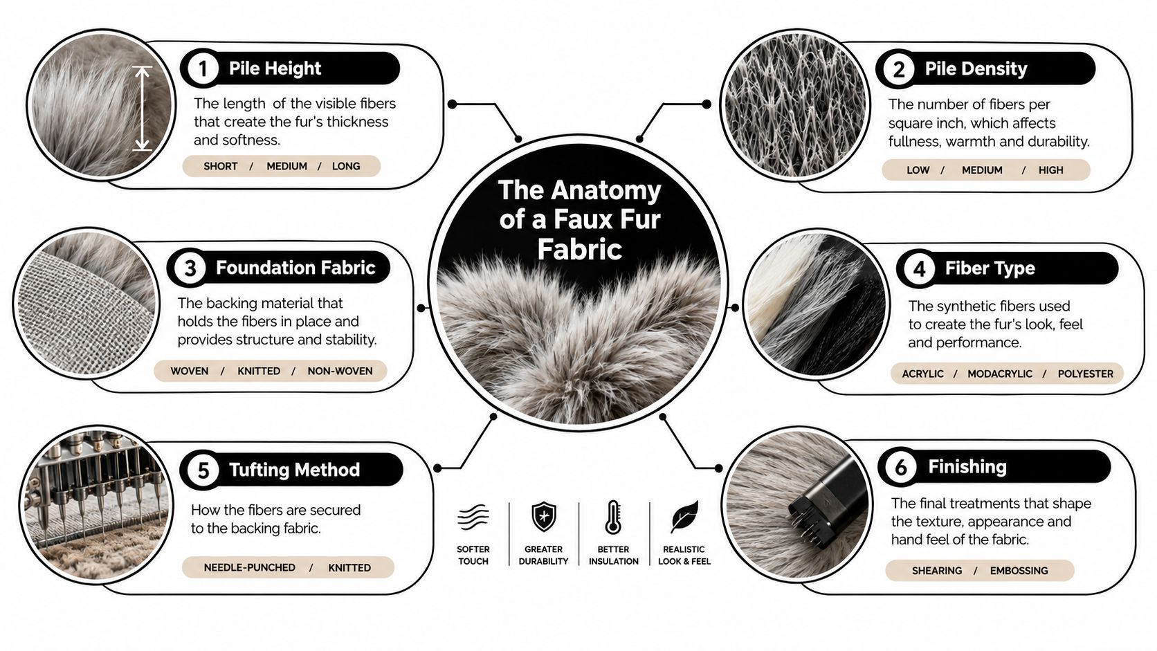An infographic titled The Anatomy of a Faux Fur Fabric explaining the six key components of faux fur.