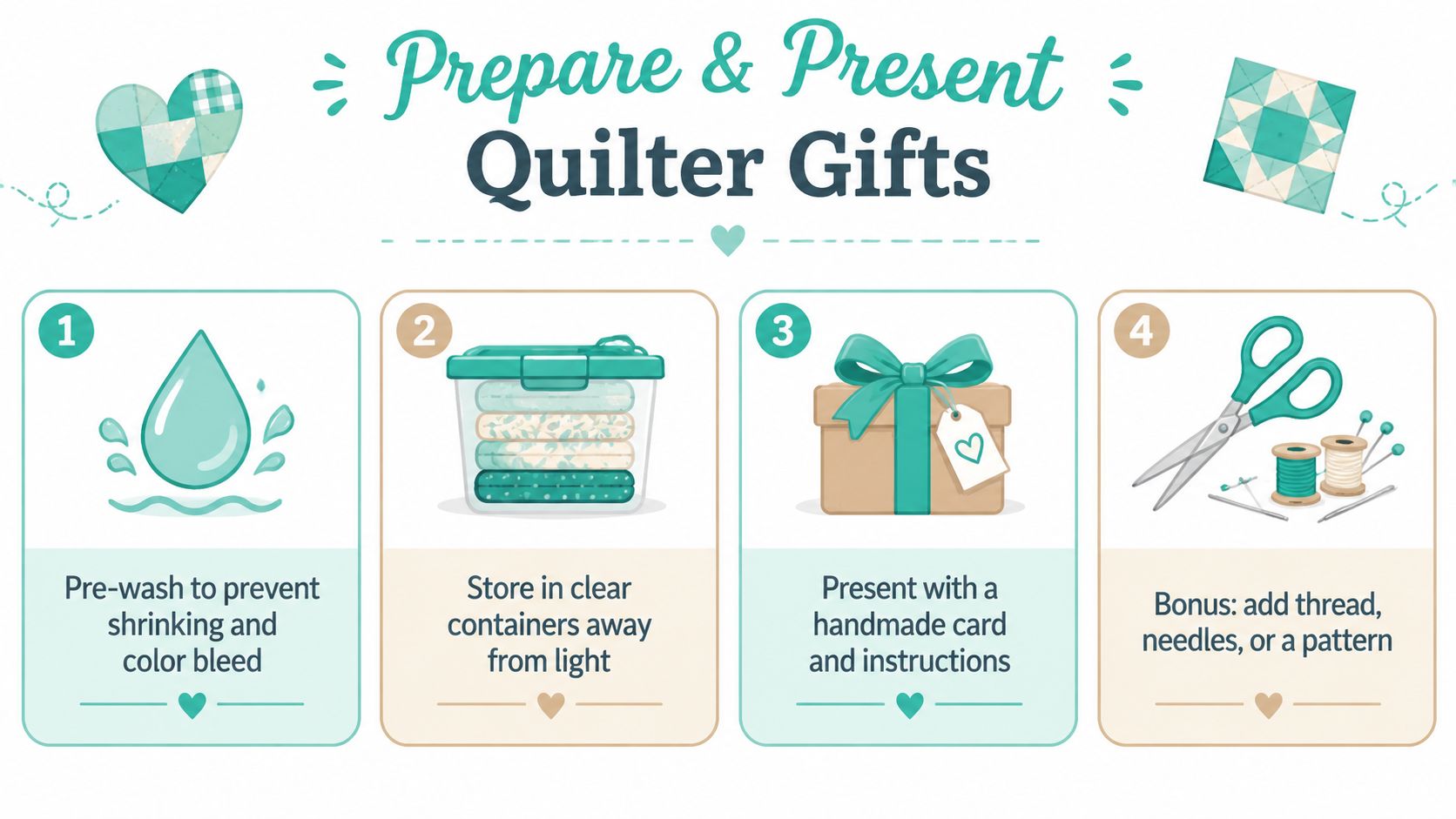 An infographic showing four steps for preparing and presenting gifts for quilters, including washing and storage tips.