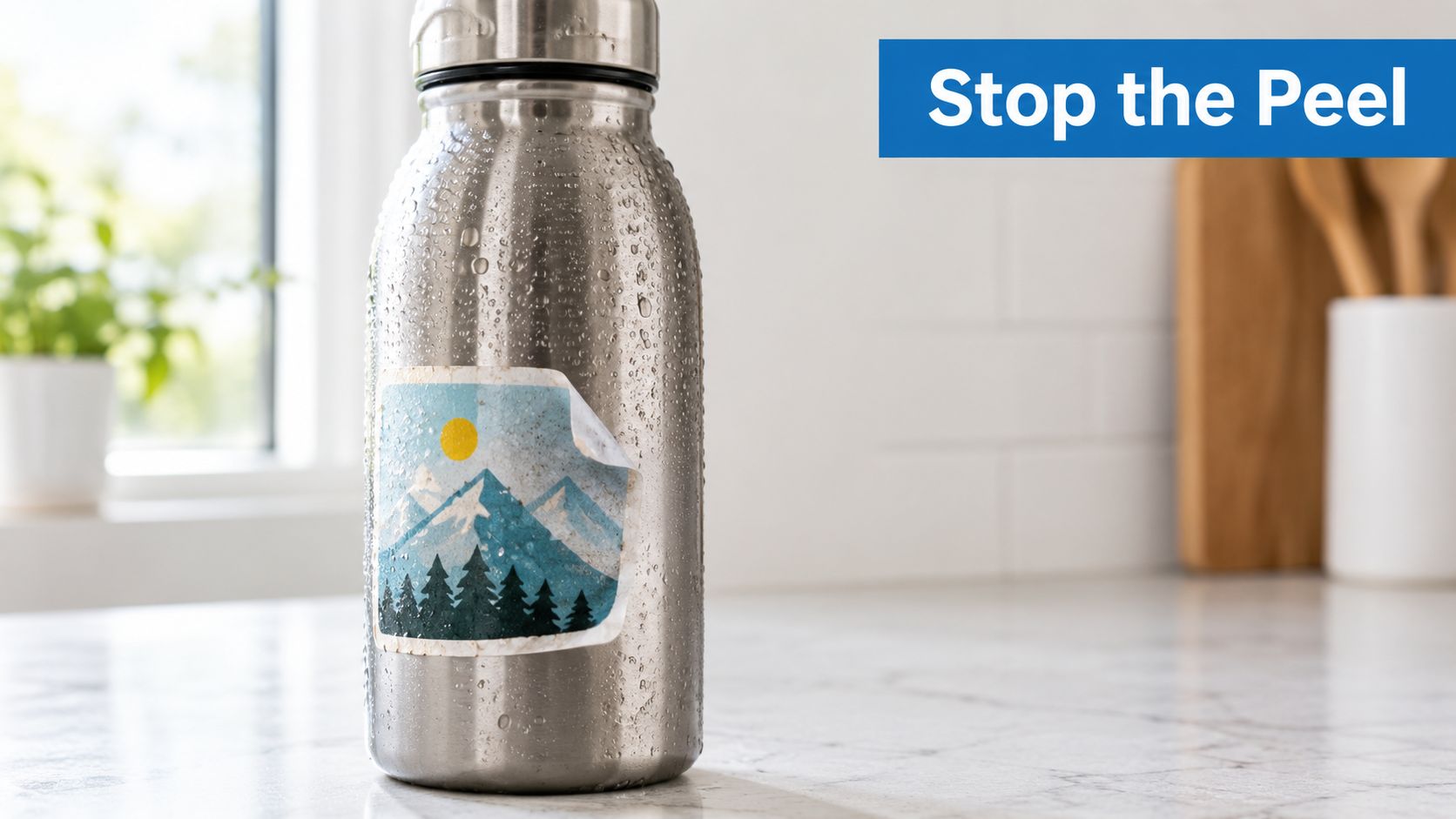 A stainless steel water bottle on a counter with a peeling mountain sticker and moisture droplets.