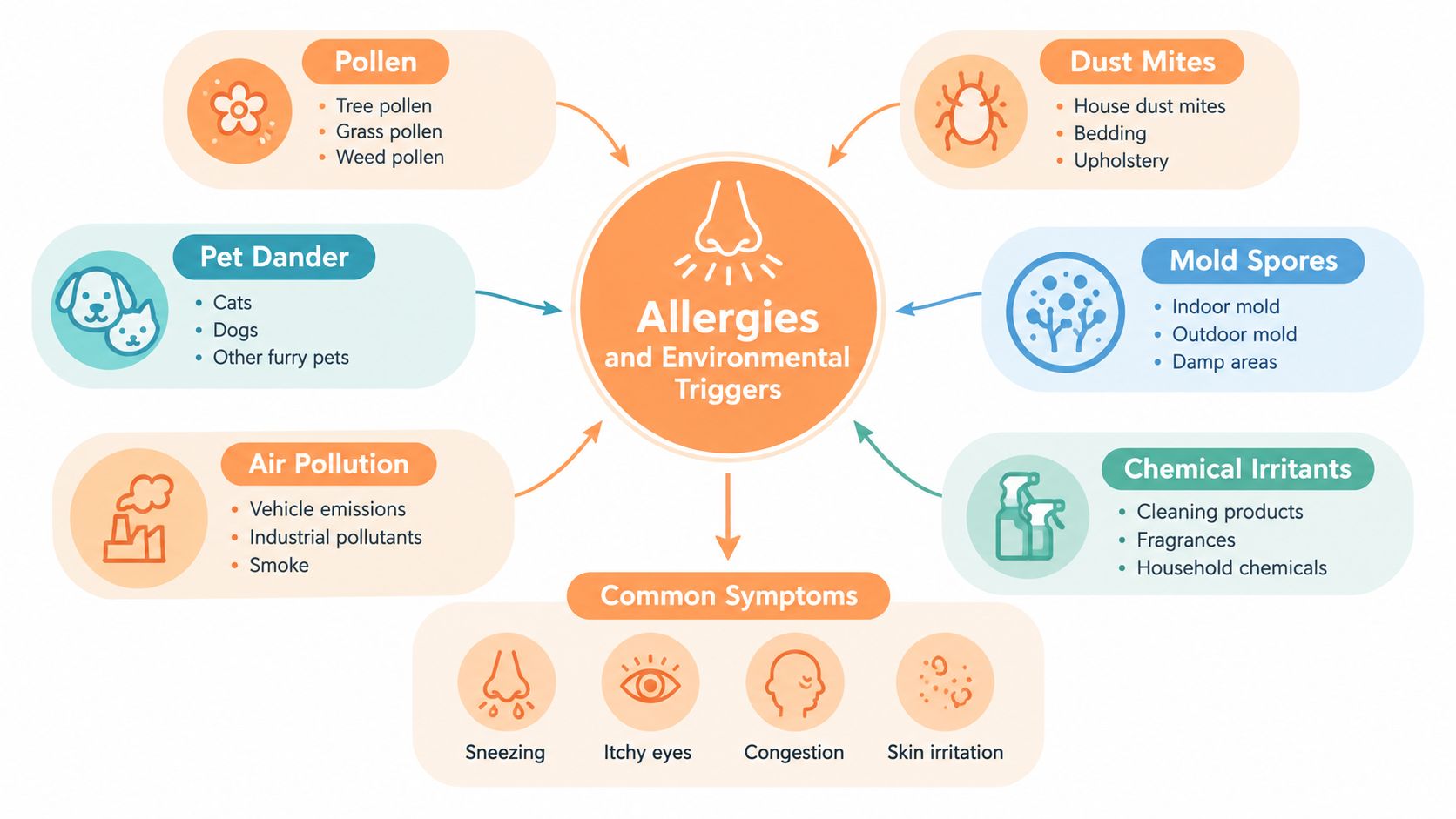 A diagram illustrating common allergy triggers like pollen, dust mites, pets, pollution, mold, and chemical irritants.