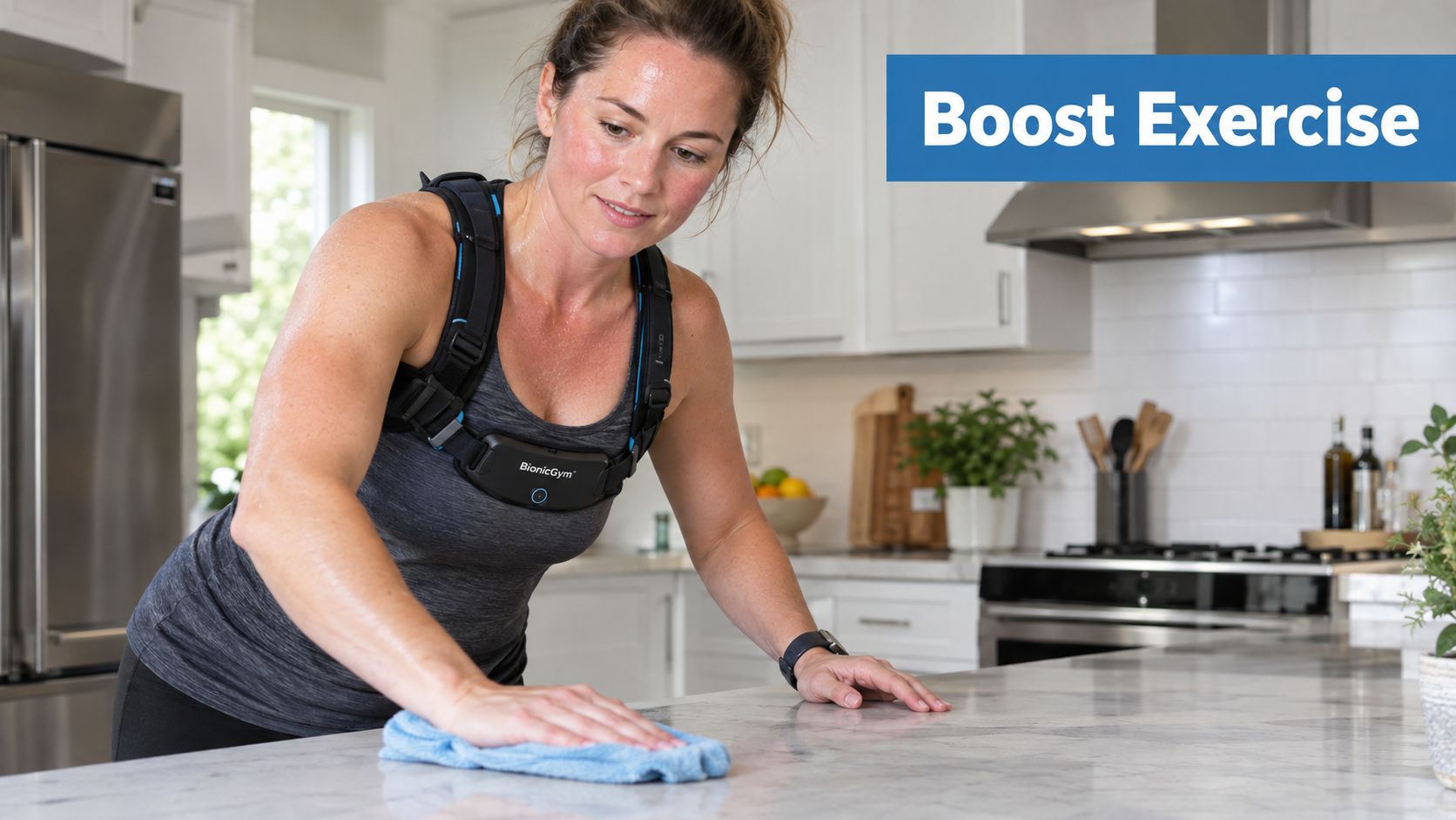 A woman wearing a BionicGym device on her back while cleaning a kitchen counter at home.