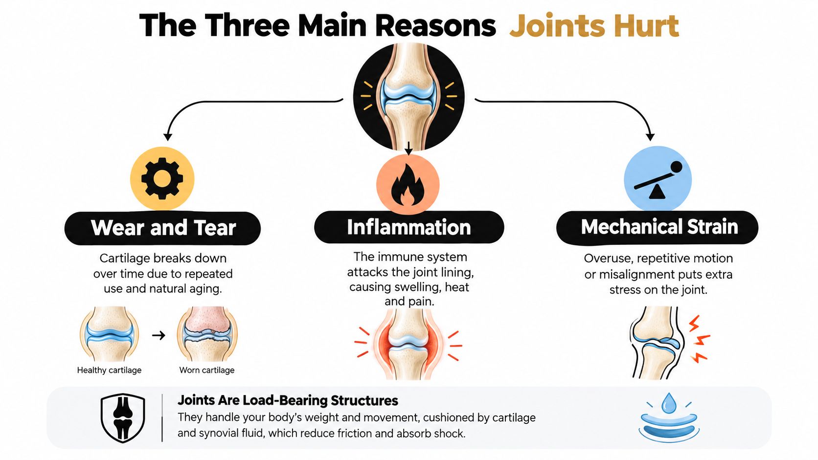 An infographic showing three main causes of joint pain: wear and tear, inflammation, and mechanical strain.