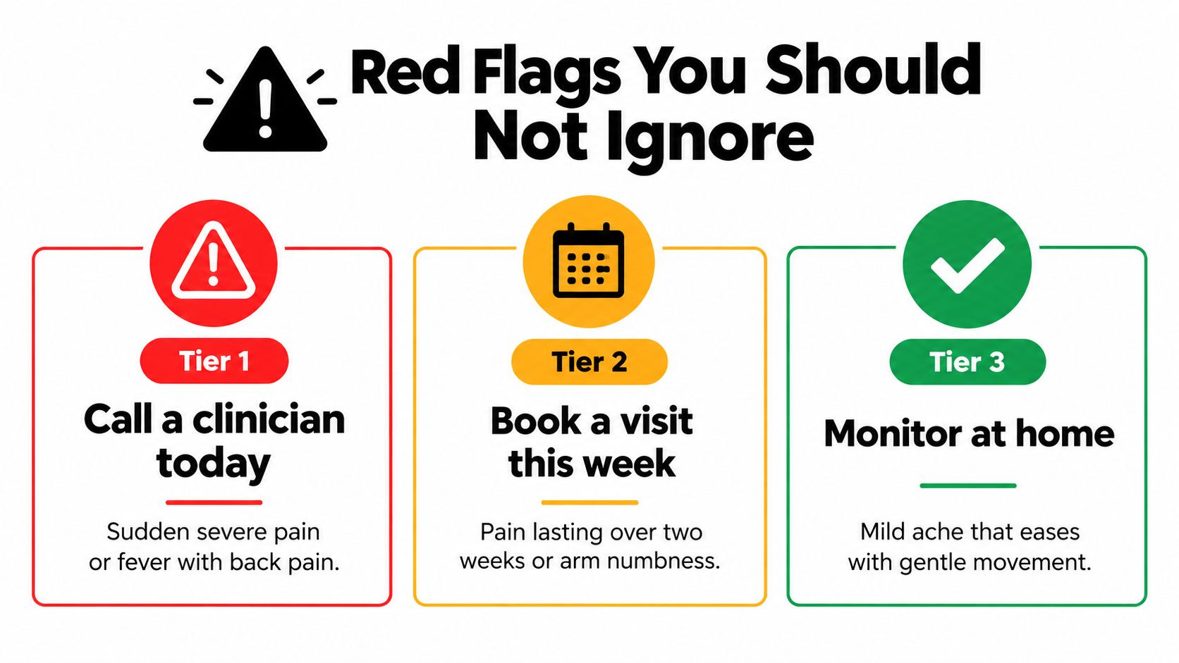A color-coded medical advice chart classifying back pain severity into three tiers for appropriate action.