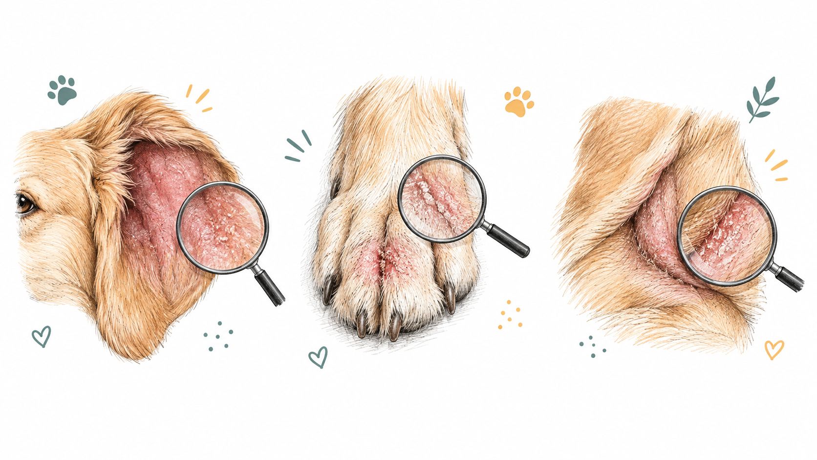 An illustration showing a dog suffering from yeast infection symptoms on its ears, paw, and skin folds.