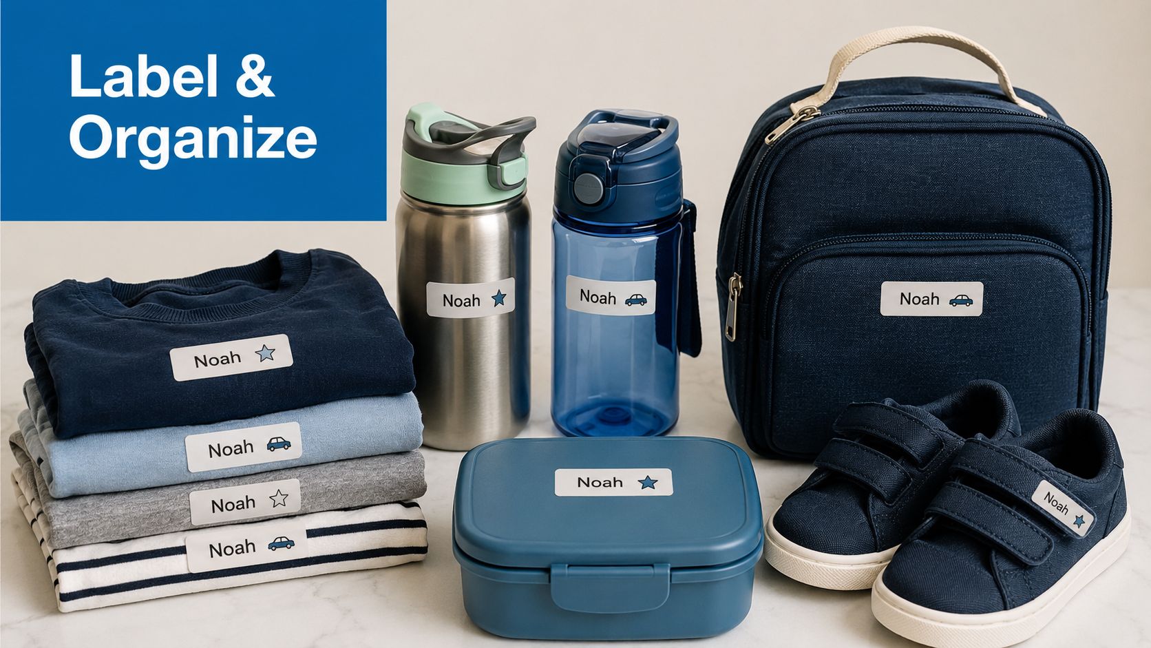 Personalized name labels for children's school items like clothes, water bottles, lunch boxes, and navy shoes.