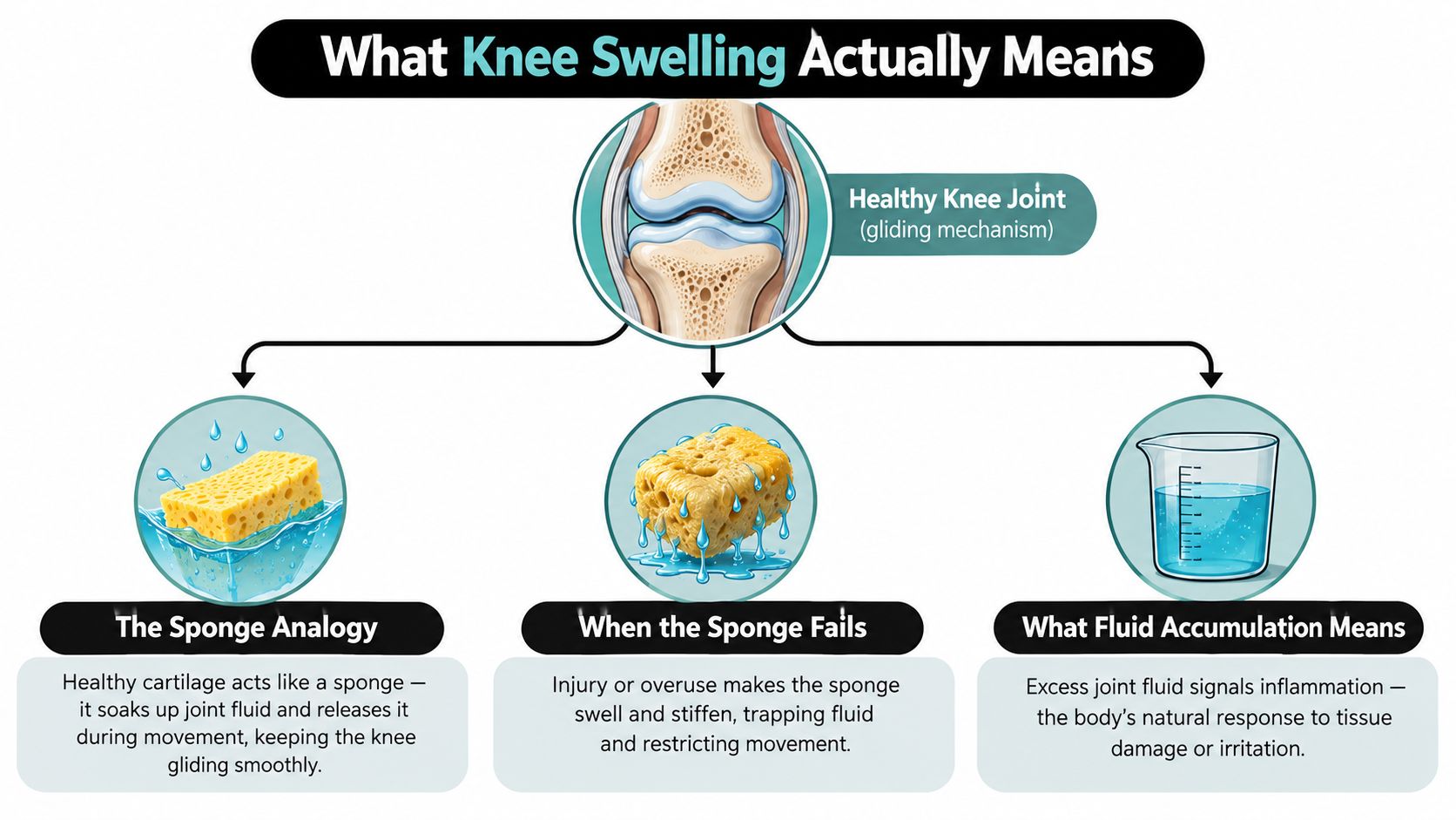 An infographic explaining how knee swelling occurs by using a sponge analogy to represent joint fluid mechanics.