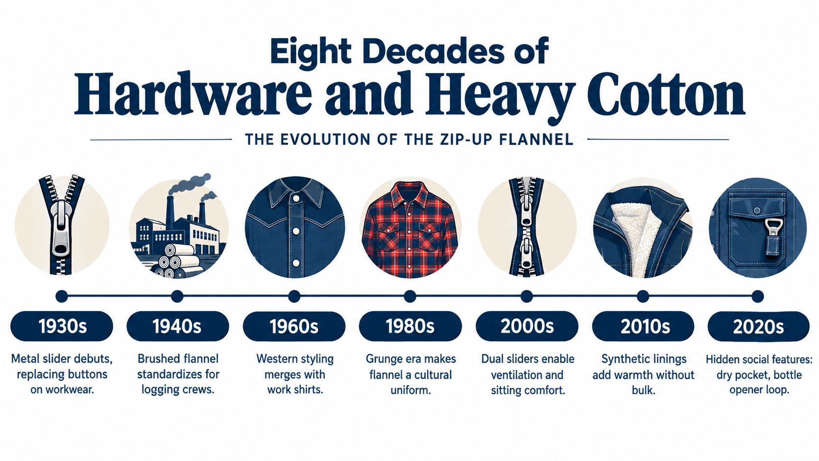 A timeline graphic showing the evolution of the zip-up flannel shirt across eight decades of history.