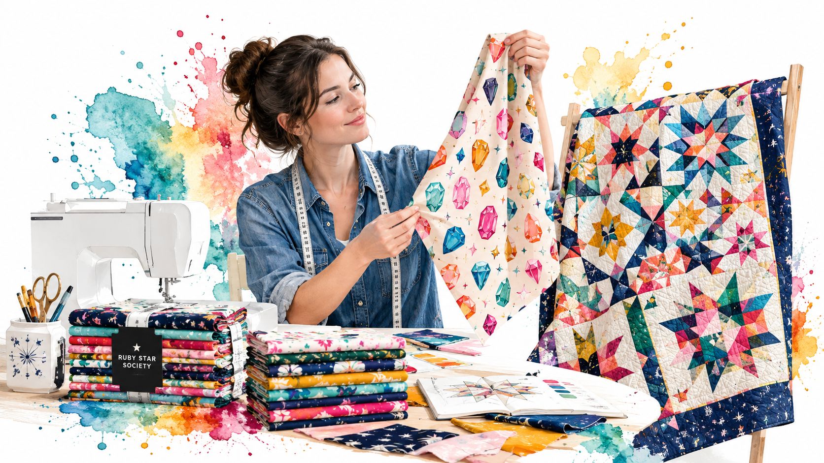 A woman smiles while crafting with colorful, patterned Ruby Star Society fabrics and a patchwork quilt.