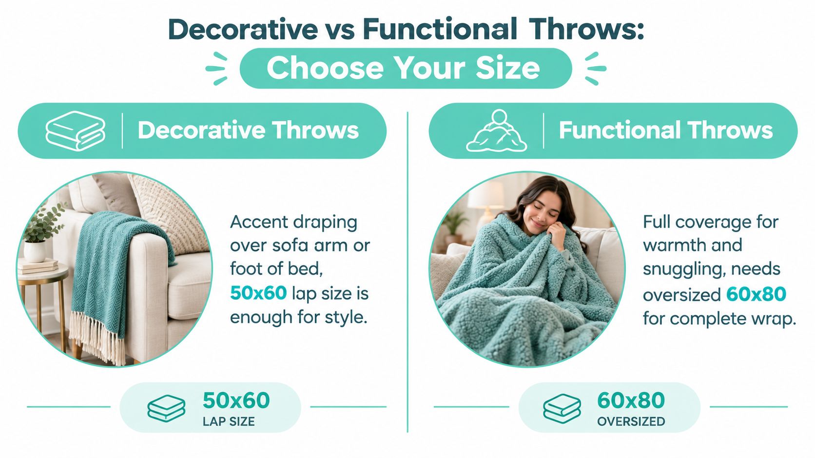 A comparative infographic showing sizes for decorative and functional throw blankets to help consumers choose.