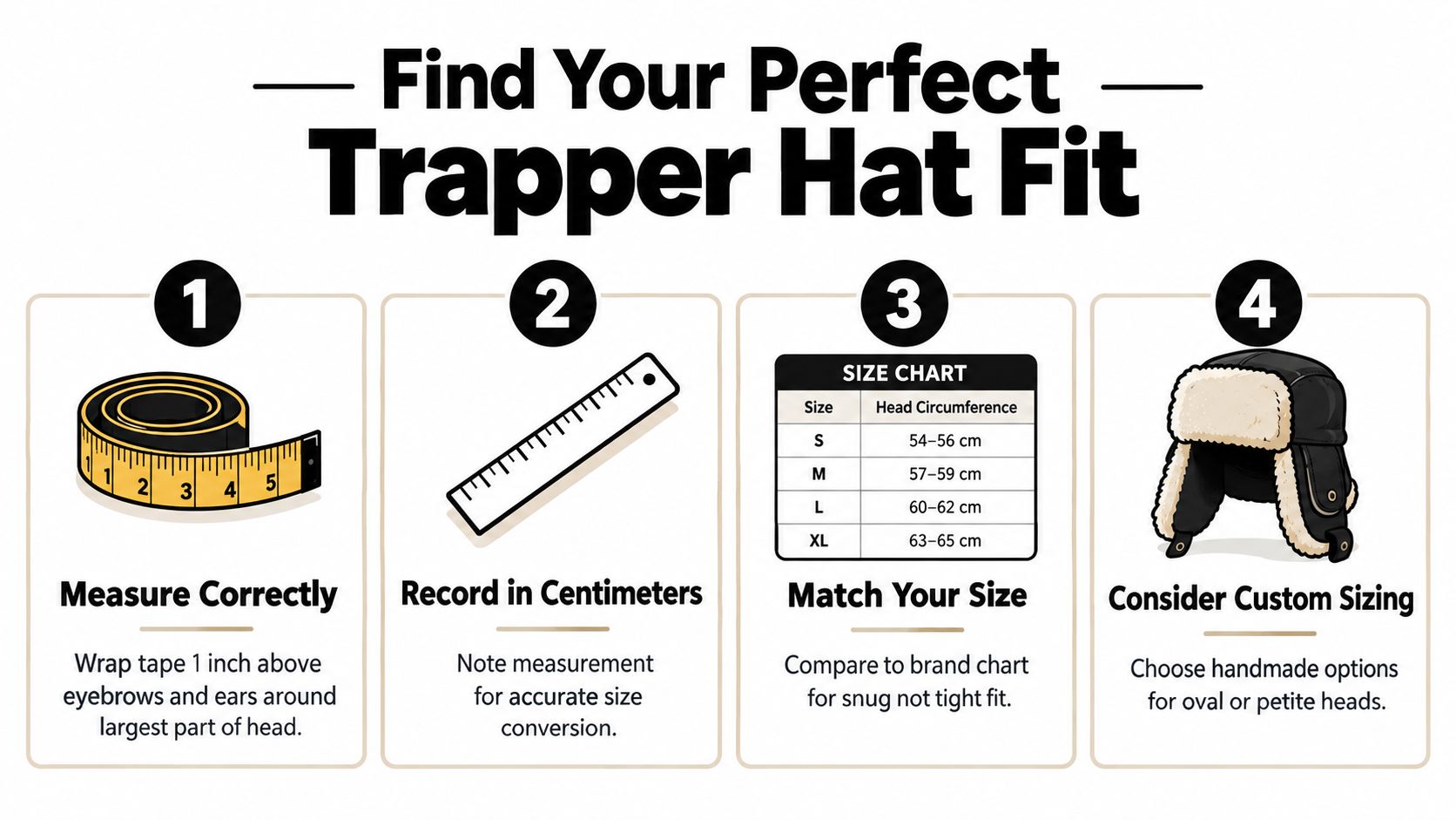 A four-step infographic guide on how to measure and choose the perfect size for a trapper hat.