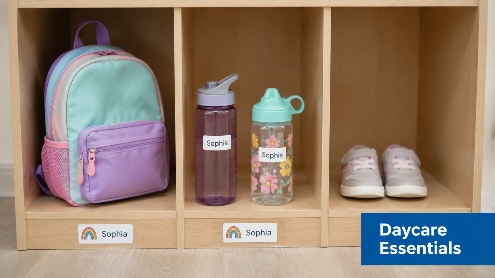 A wooden cubby organizer holding a child's backpack, two water bottles, and a pair of shoes.