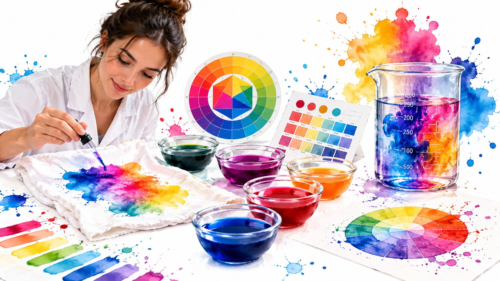 A woman in a lab coat dyeing white cotton fabric using liquid colors and a color wheel.
