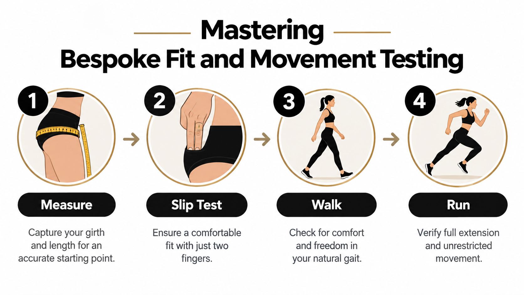 A four-step infographic illustrating how to achieve a bespoke fit for clothing through measuring and movement testing.
