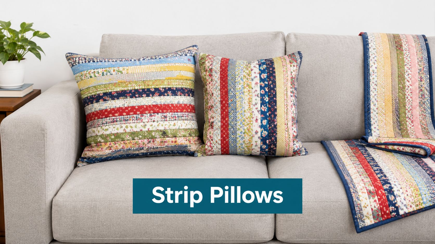Two patchwork pillows made from colorful fabric strips displayed on a modern grey sofa next to a quilt.