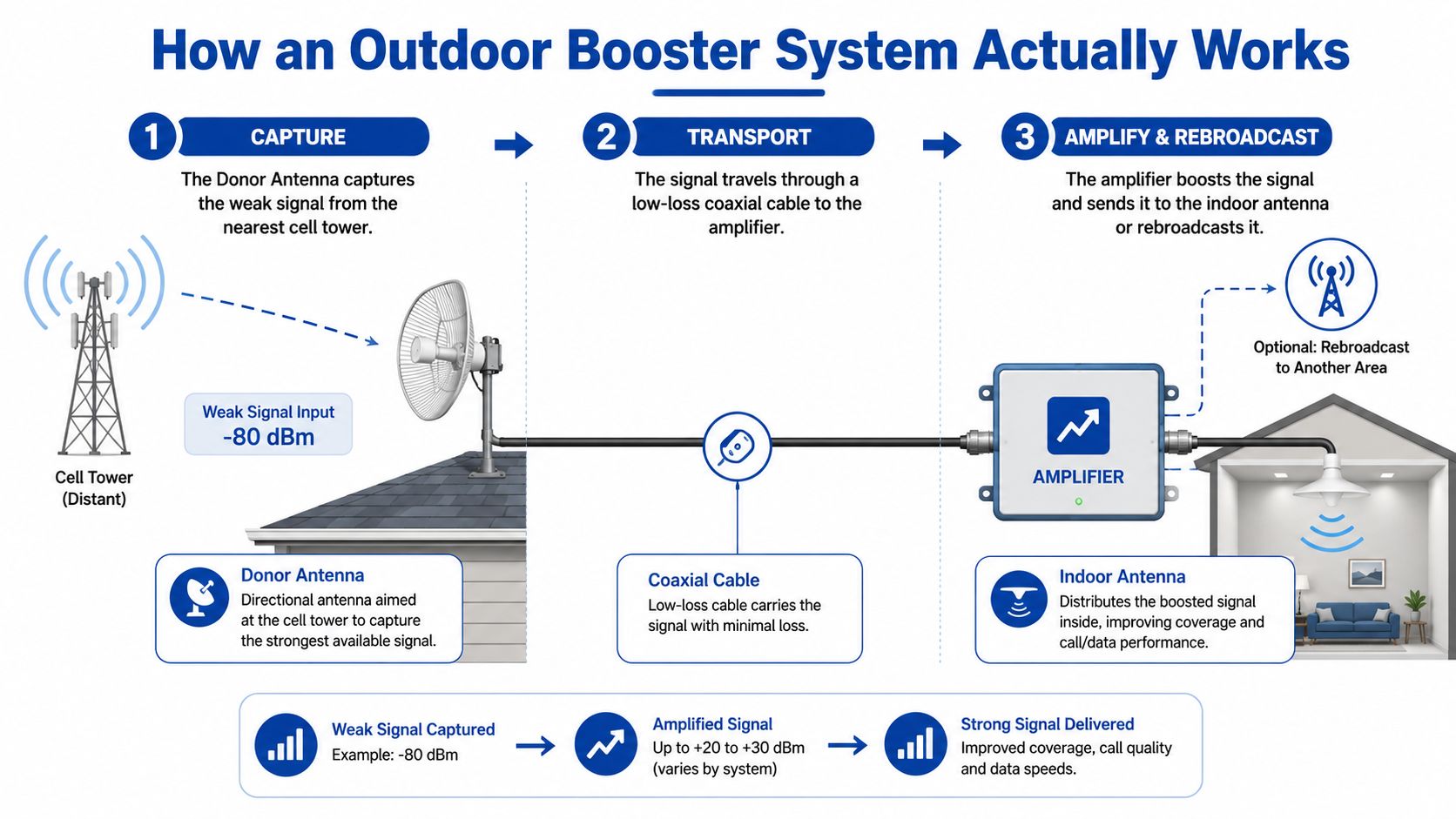 A diagram illustrating how an outdoor cell phone signal booster system captures, transports, and amplifies cellular signals.