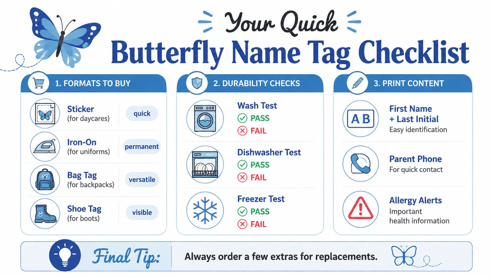 A quick checklist guide for selecting and customizing durable butterfly-themed name tags for children's personal items.