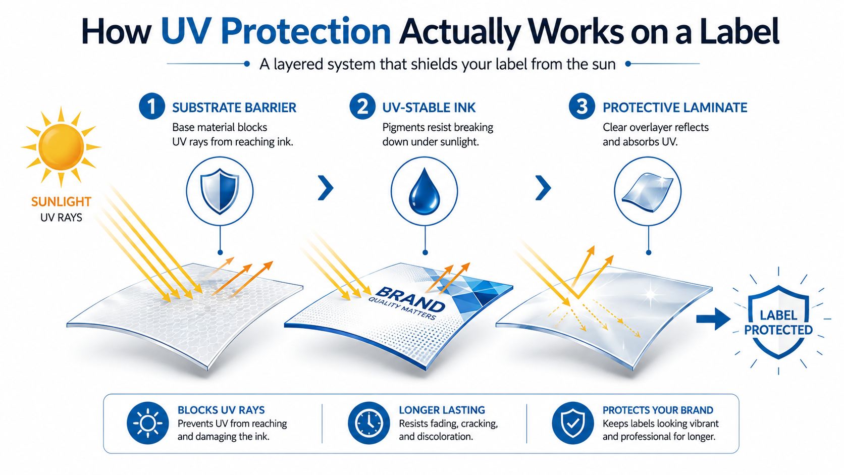 A diagram illustrating how substrate barriers, UV-stable ink, and protective laminates work together to provide UV protection for labels.