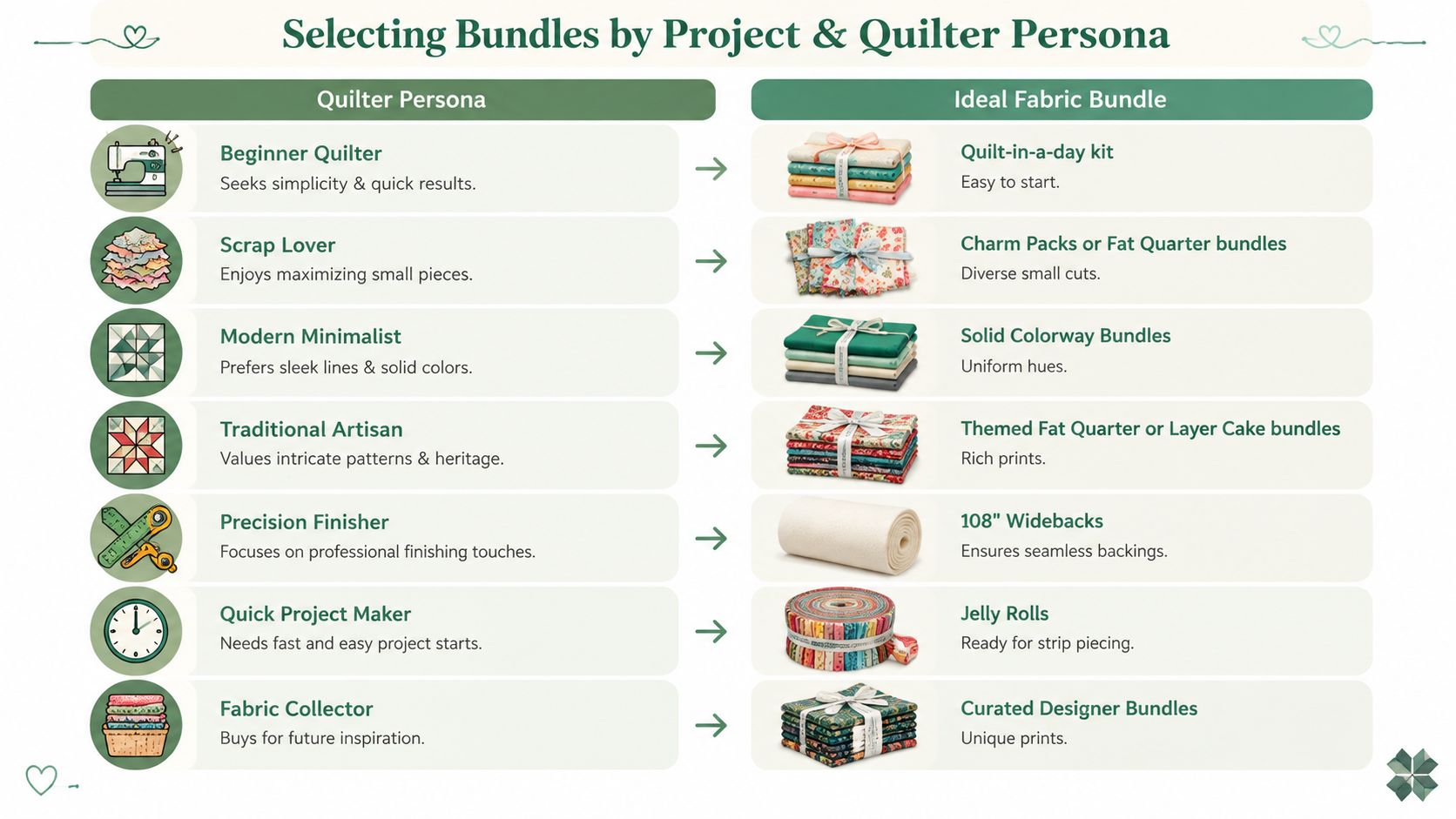 A chart illustrating different quilter personas matched with their ideal fabric bundles for various quilting projects.