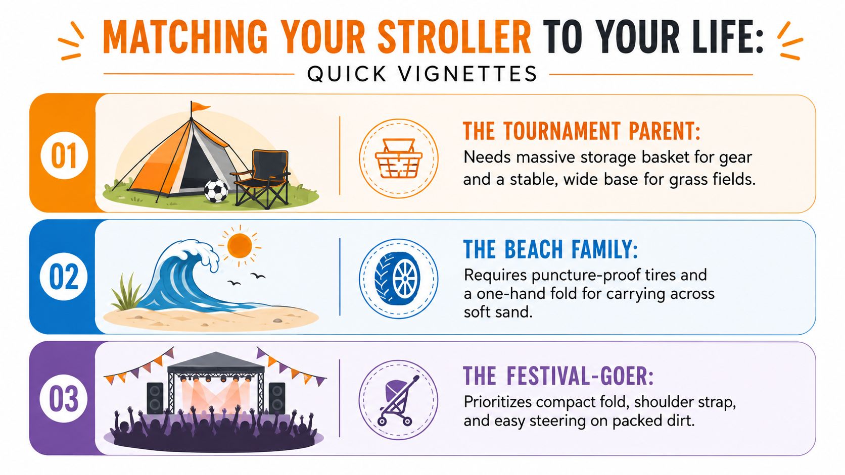 An infographic illustrating three different stroller types matched to specific lifestyle needs like camping, beach, and festivals.