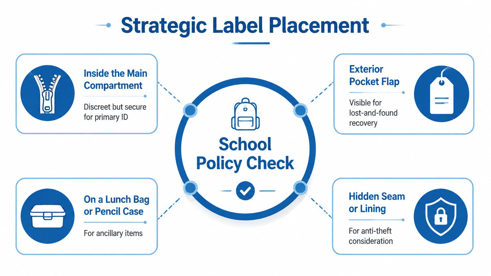 An infographic titled Strategic Label Placement showing four recommended locations for labeling a child's school backpack.