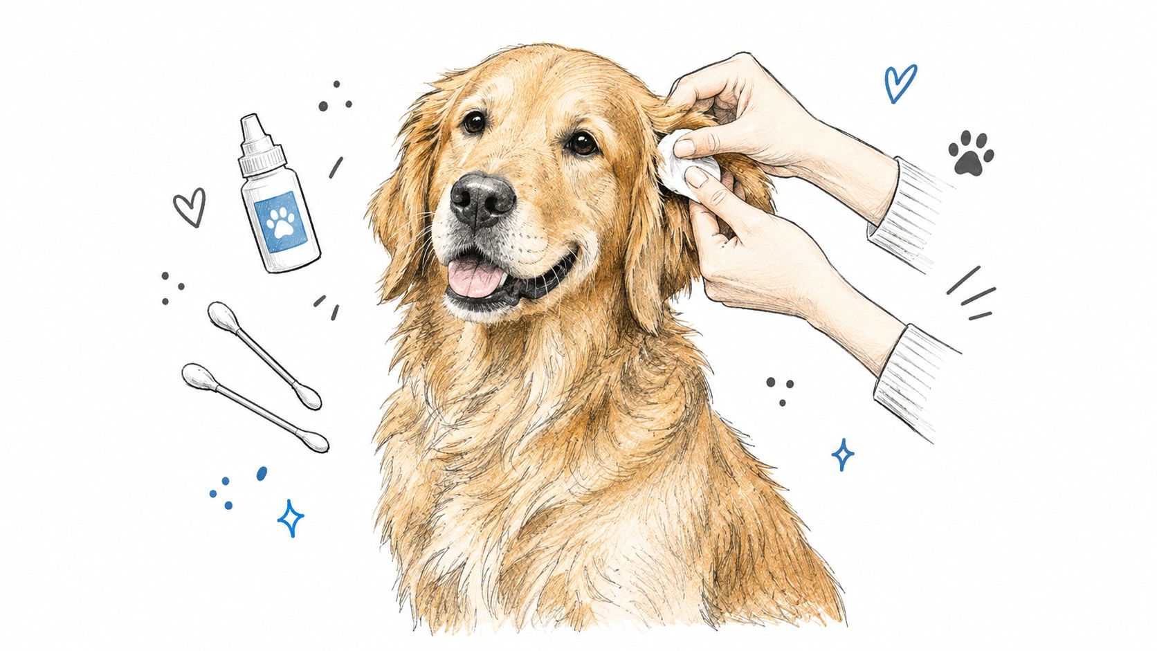 A professional illustration of a golden retriever having its ear cleaned by a person with medical supplies.