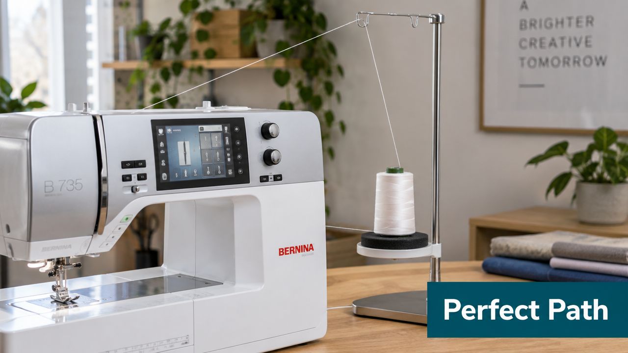 A professional Bernina sewing machine with an external white thread spool stand sitting on a wooden table.