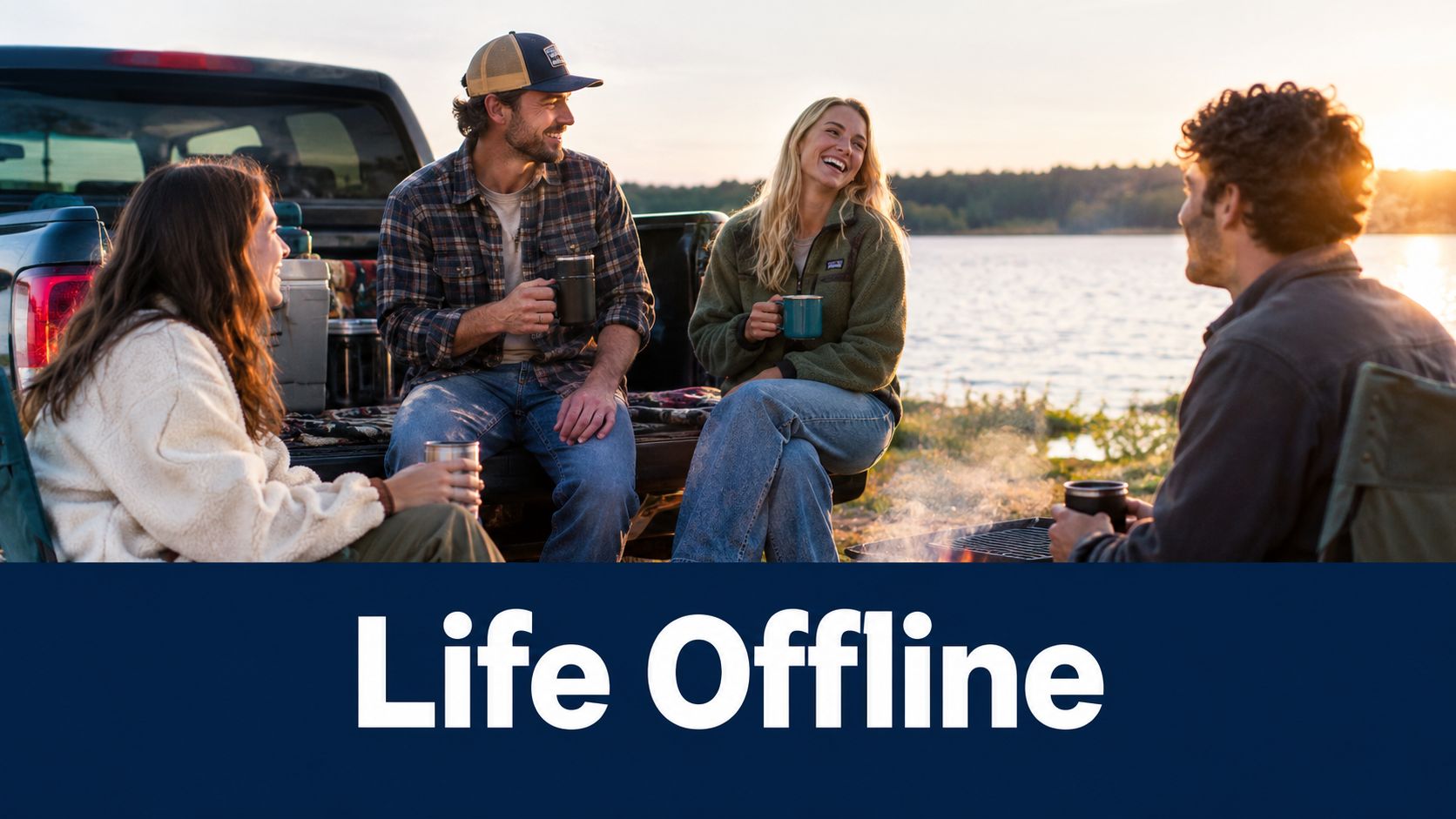 Four friends laughing and drinking coffee by a campfire near a pickup truck at a lakeside sunset.