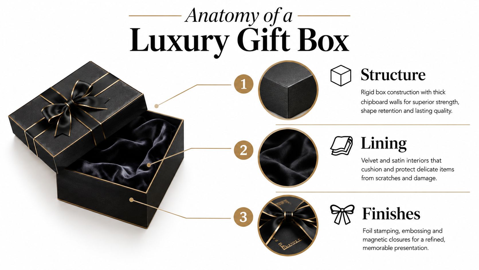 An infographic showing the anatomical features of a black luxury gift box, including structure, lining, and finishes.
