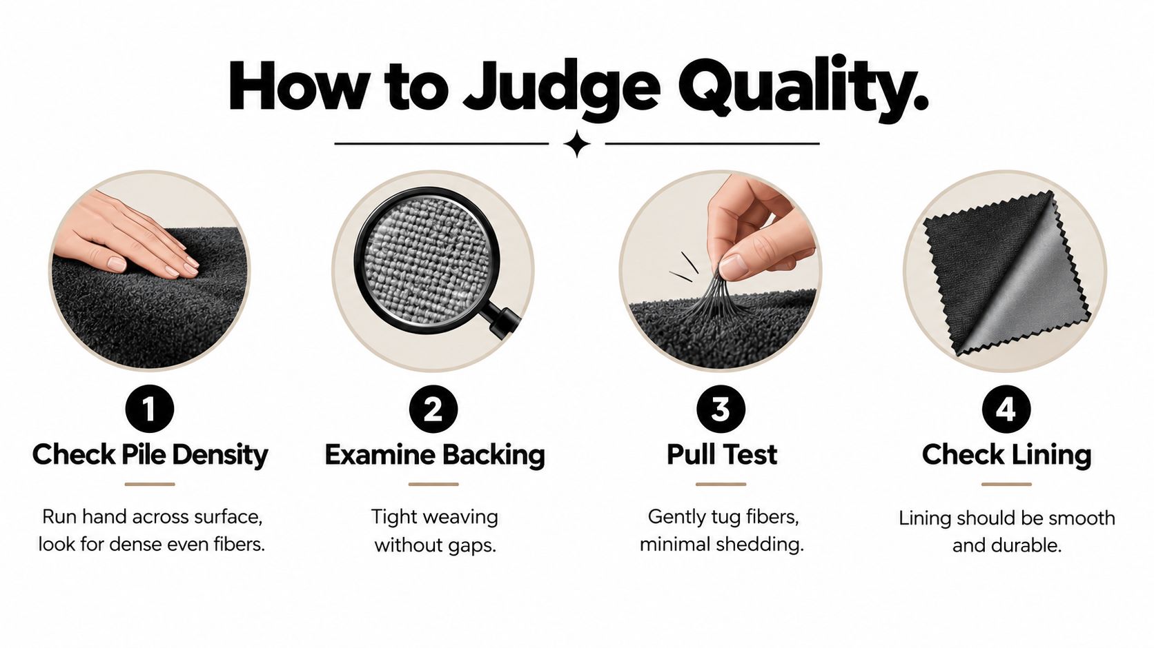 An infographic showing four steps to judge quality of a ladies faux shearling coat for shoppers.