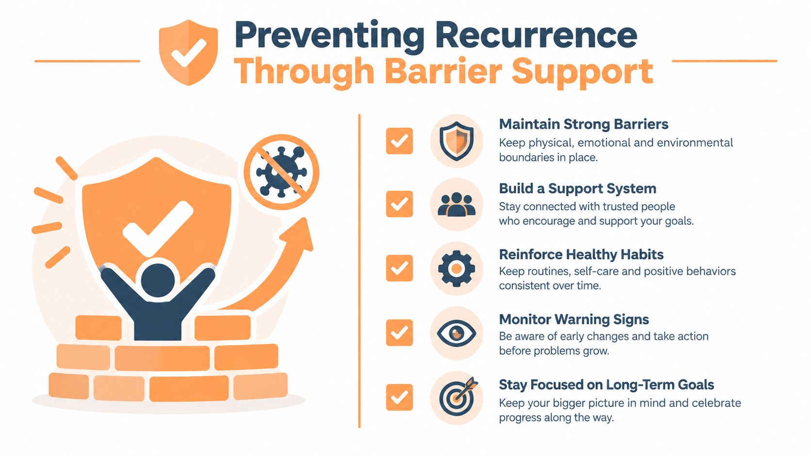 An infographic titled Preventing Recurrence Through Barrier Support detailing five tips for maintaining long-term recovery and health.