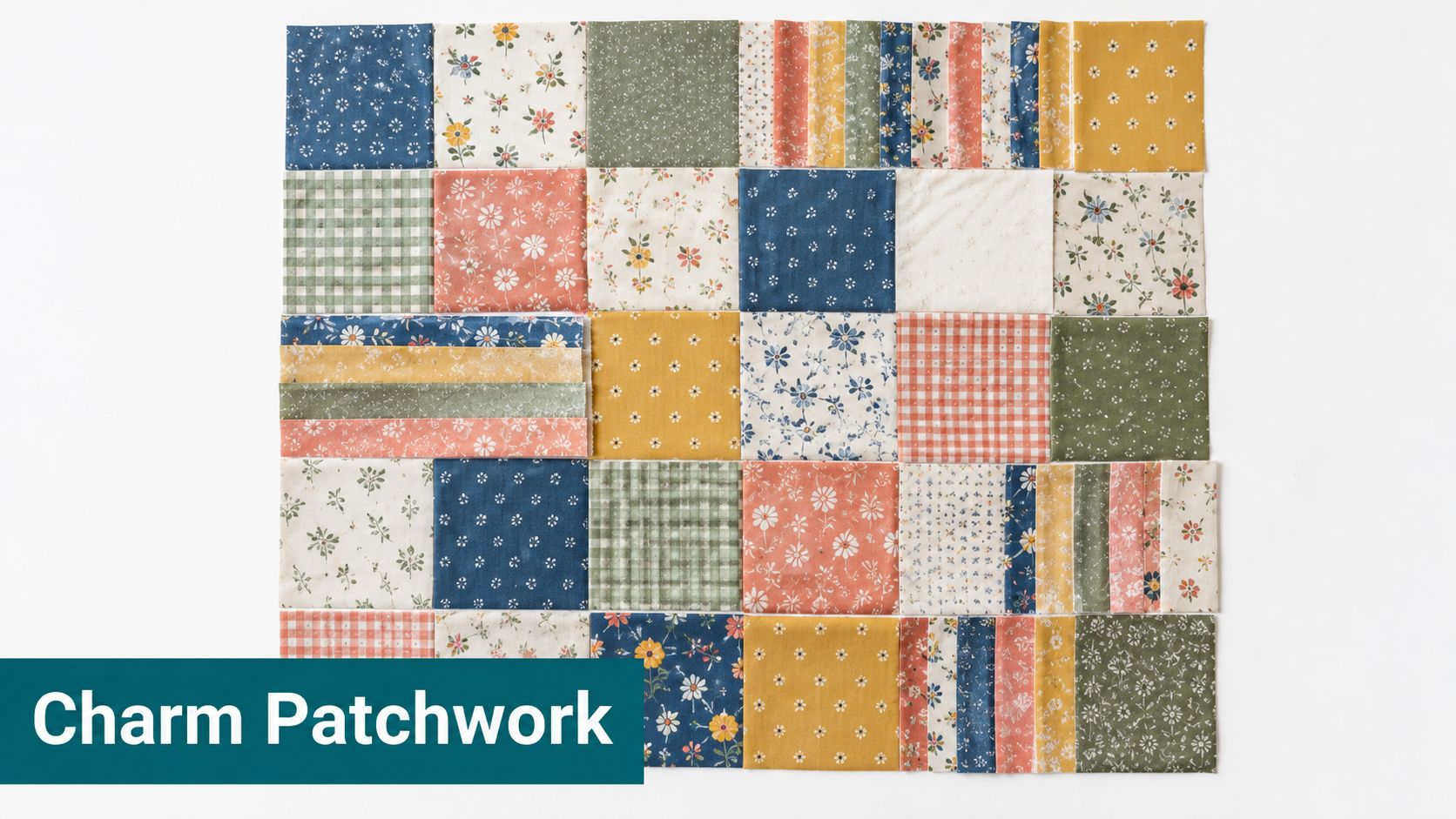 A colorful grid of various patterned fabric squares, commonly used for quilting projects like charm packs.