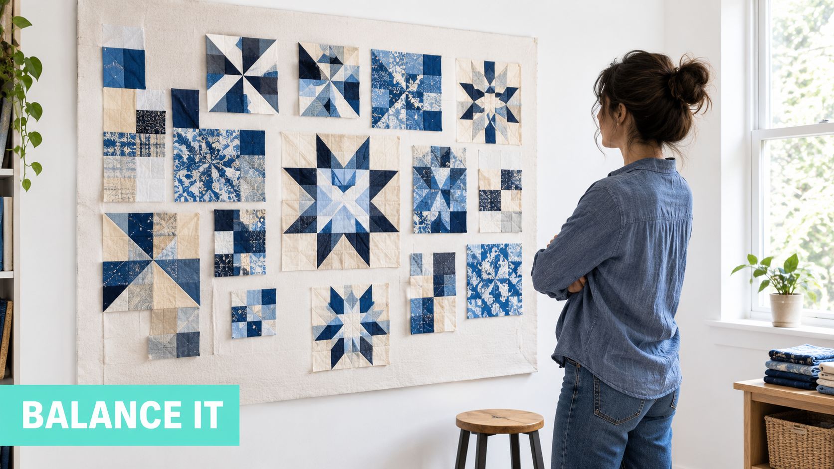 A woman stands and observes a design board featuring blue and white fabric quilt squares.