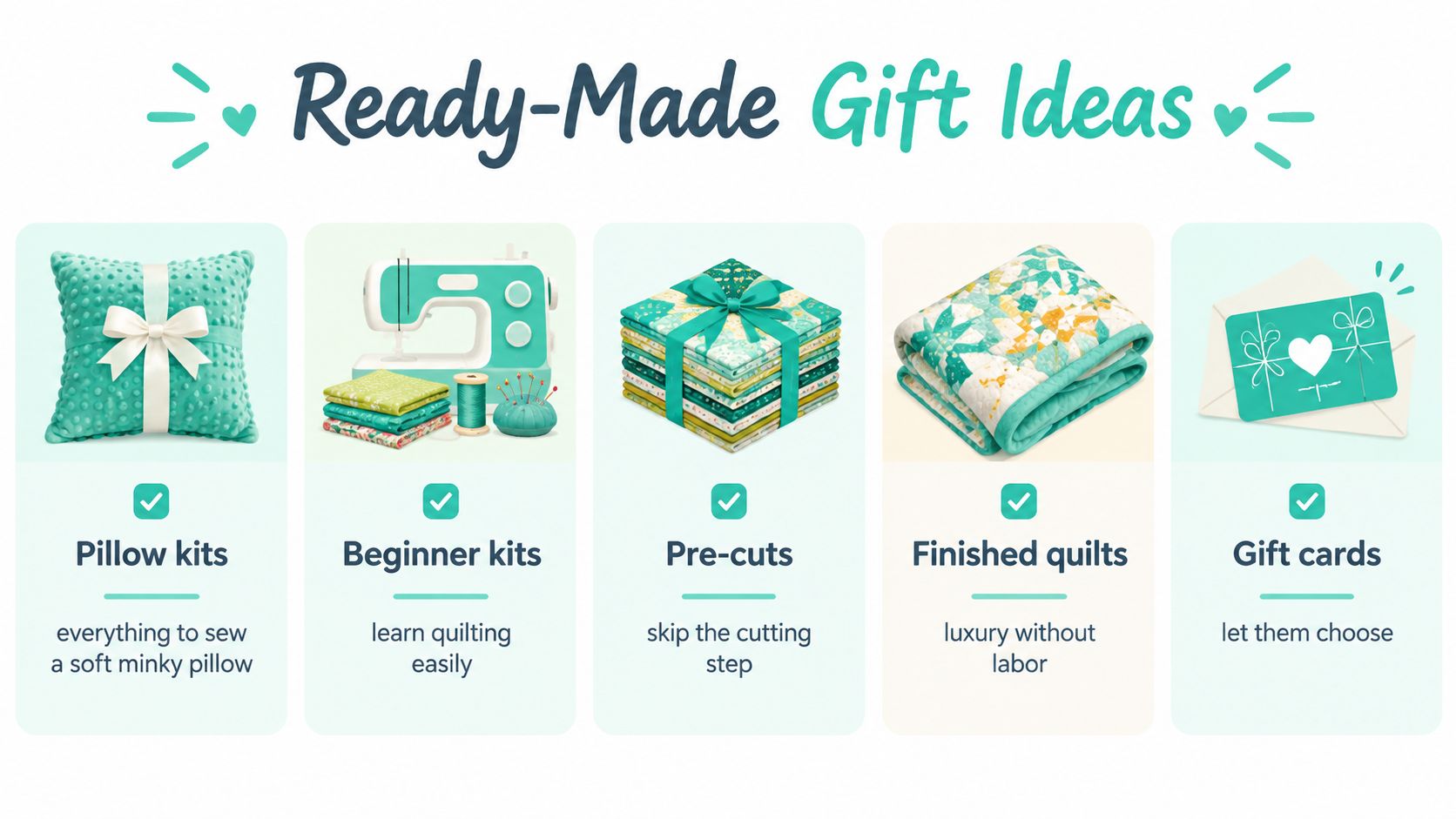 Graphic titled Ready-Made Gift Ideas featuring five options for crafters including pillow kits, sewing kits, fabric, quilts, and gift cards.