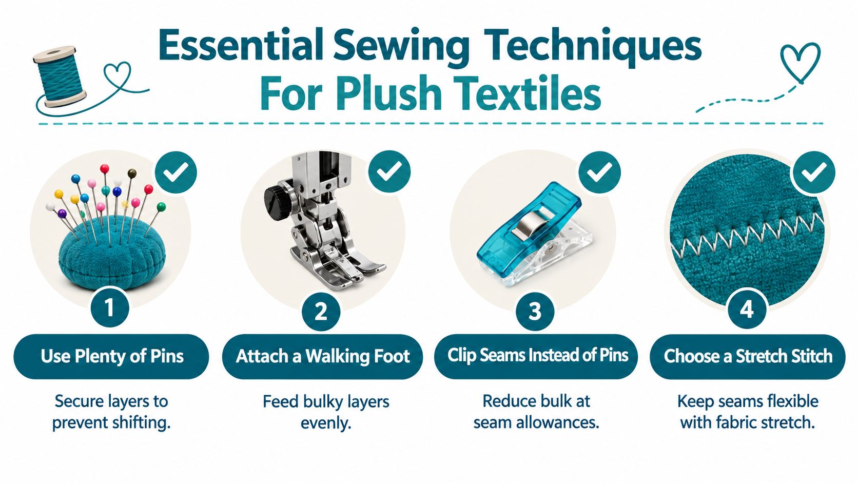 A four-step infographic illustrating essential sewing techniques for working with plush or minky fabrics.