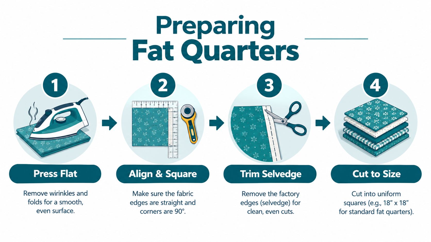An infographic showing four steps to prepare fat quarters: press, align, trim, and cut fabric.