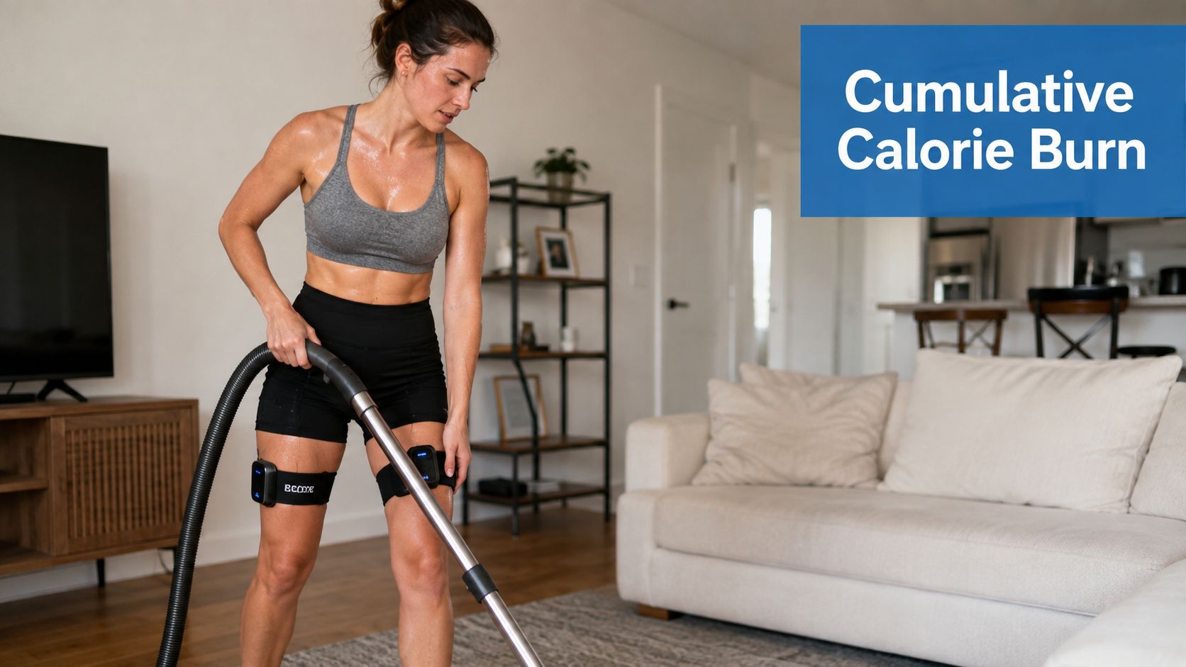 A sweating woman vacuuming her living room while wearing fitness devices on her thighs for extra calorie burn.