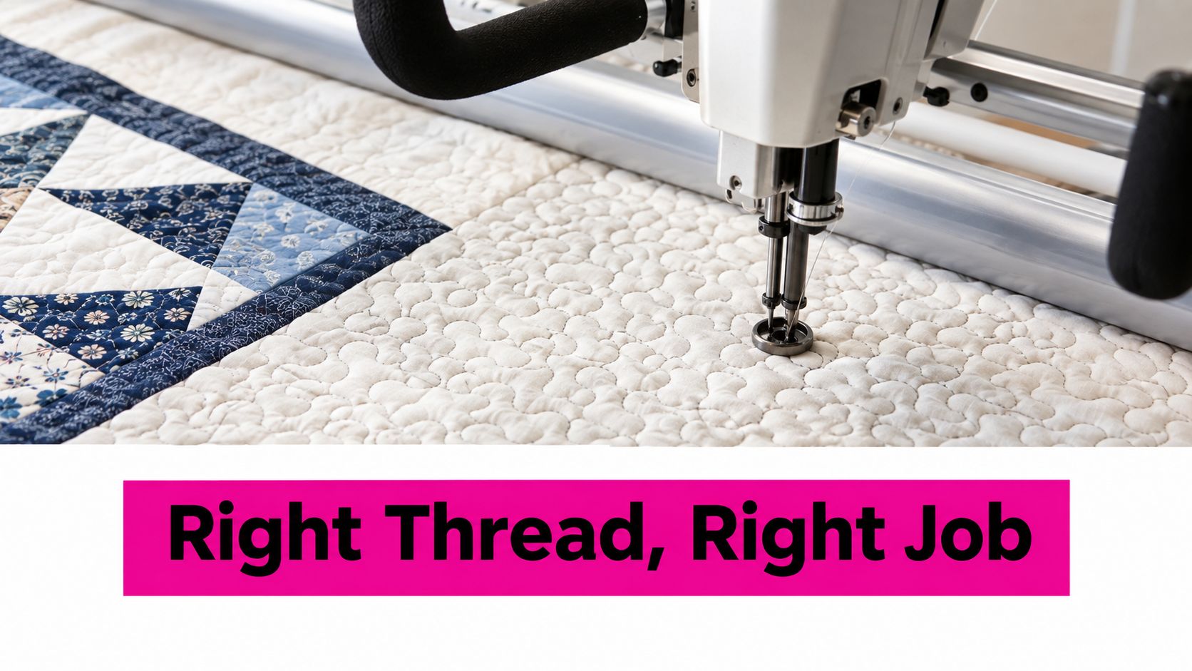 A professional longarm quilting machine stitching intricate patterns onto a white quilted fabric with a blue border.