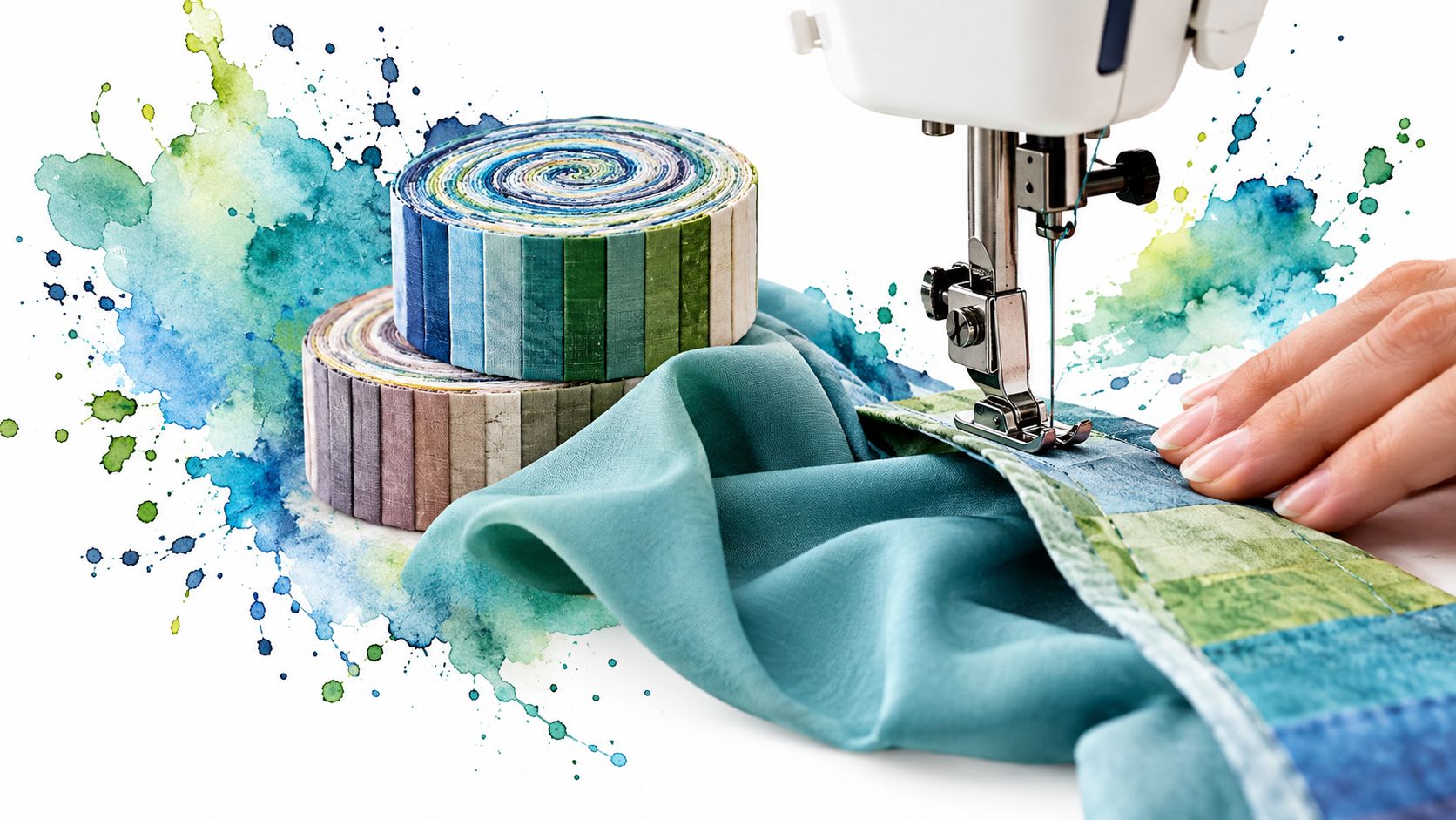 A sewing machine stitching a colorful fabric quilt with rolls of jelly roll fabric strips nearby.