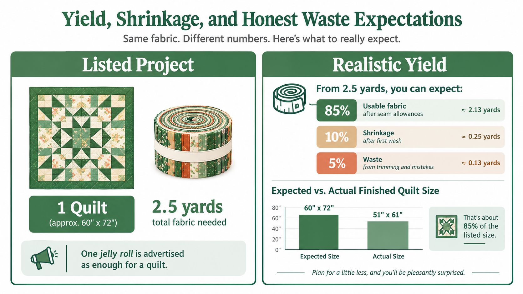 An infographic illustrating realistic quilt fabric yield, shrinkage, and waste expectations when using a jelly roll.