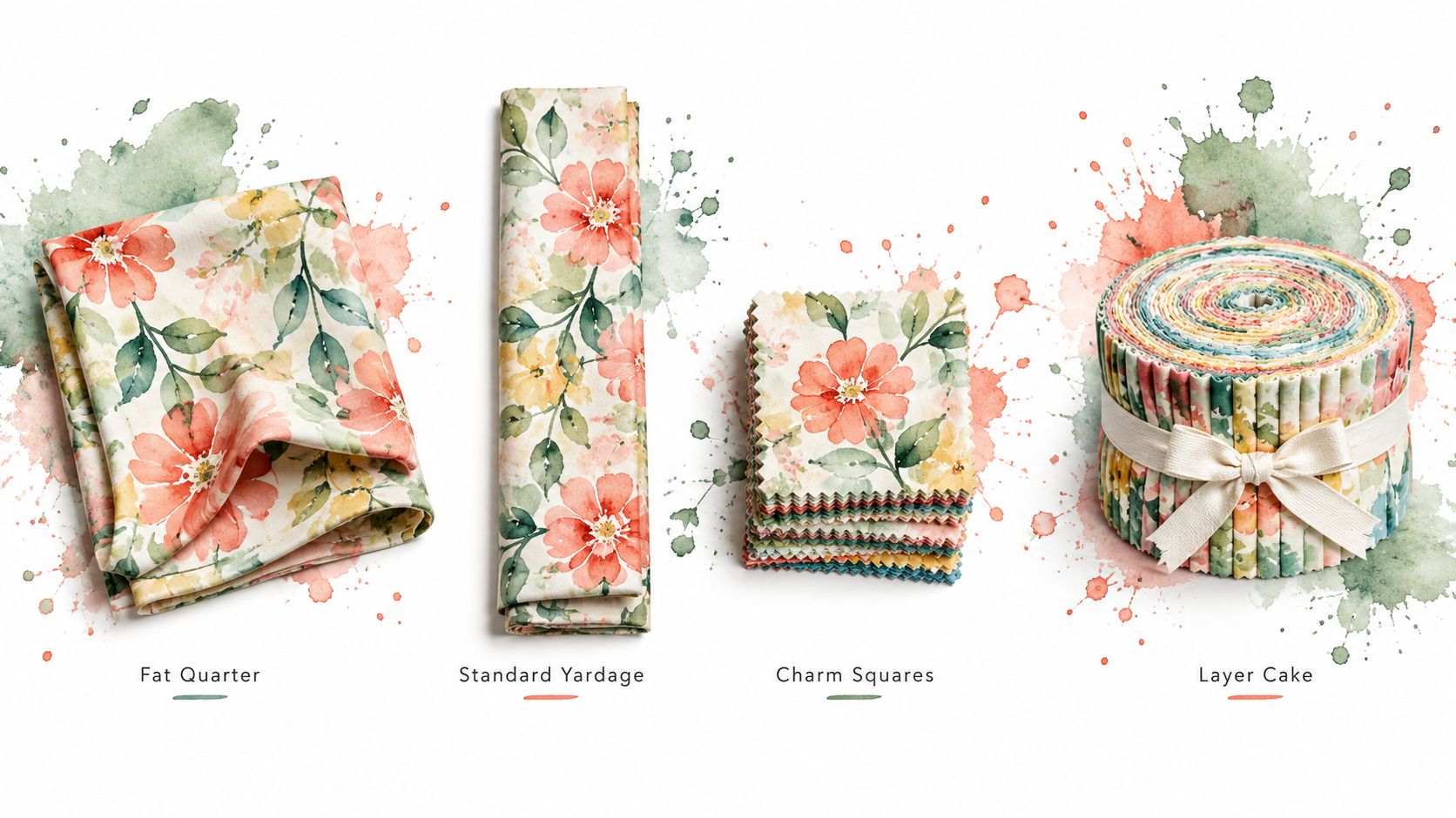 Fabric cuts including a fat quarter, yardage, charm squares, and a layer cake roll with floral print.