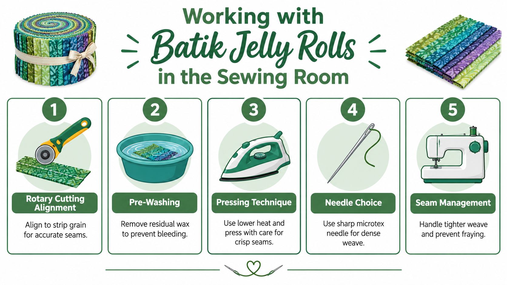 An infographic showing five essential tips for sewing with Batik jelly roll fabric strips.